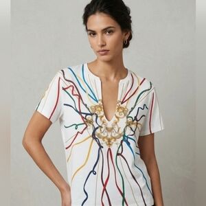 Zara White V-Neck Graphic T-Shirt Gold Baroque Heart Colorful Ribbon Size M